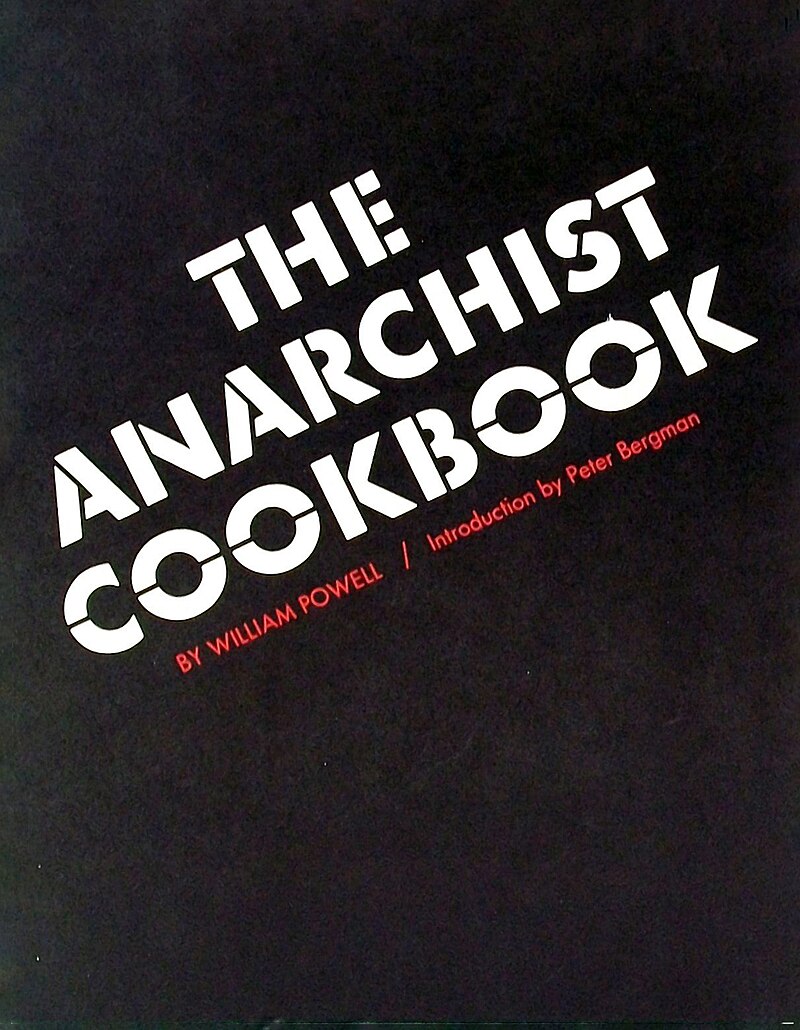 Scan of the book cover of The Anarchist's Cookbook image credit: By William Powell - [1], cropped and empty space filled by Berrely, Public Domain, https://commons.wikimedia.org/w/index.php?curid=25373294